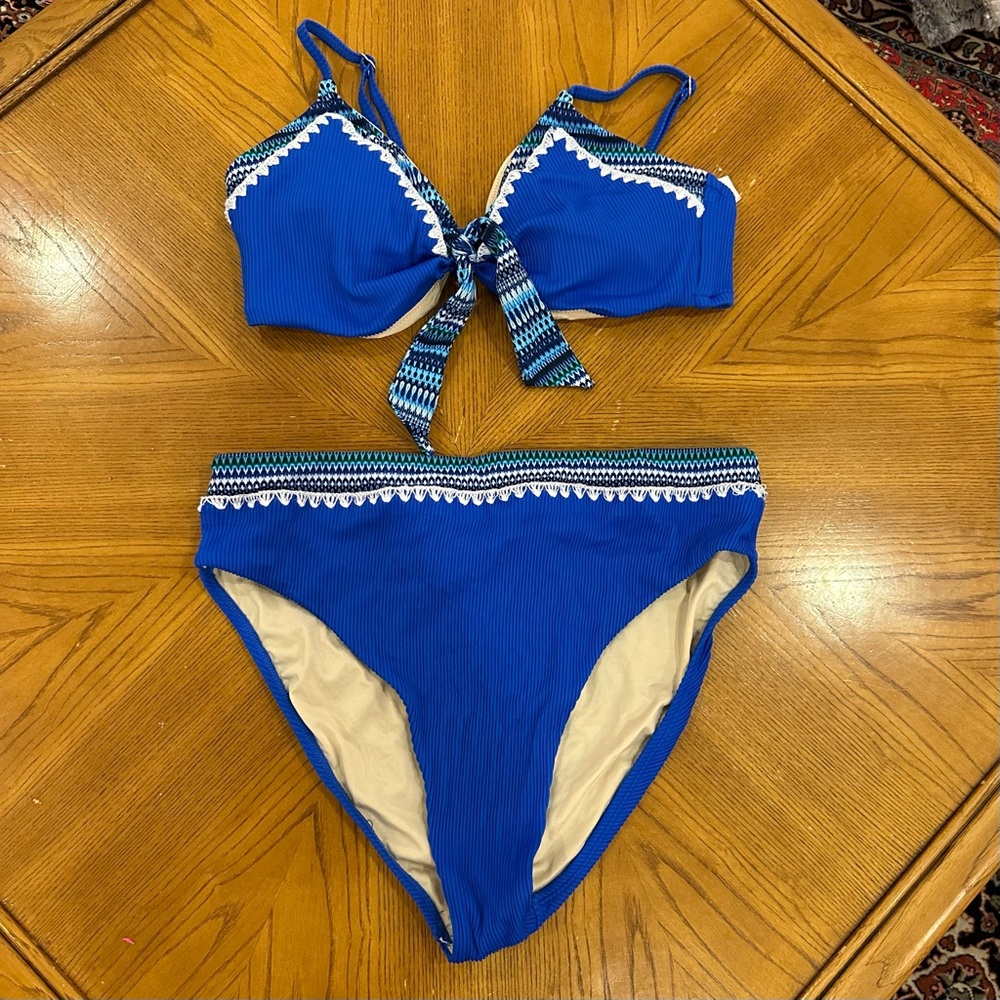 Blue Bikini Set with Patterned Trim and high waisted bottoms